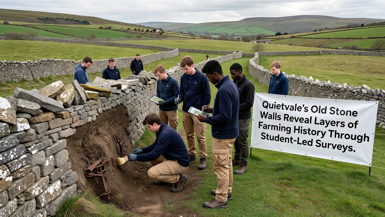 Detailed view of layered stone construction techniques uncovered during student mapping of Quietvale boundaries